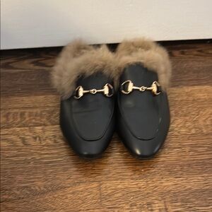Black Leather Fur-Trimmed Loafers with Gold Accent